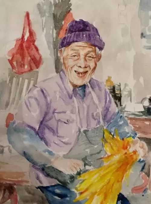 艺术家金伯文为扎扫帚老人作的画