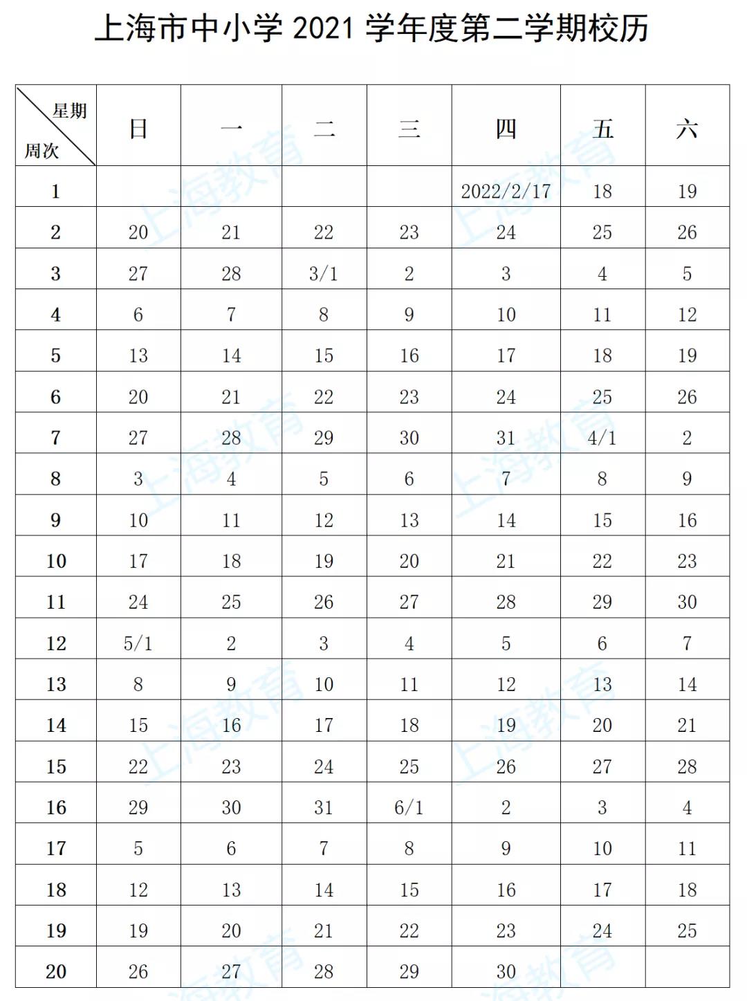 上海市中小学2021学年度校历来了!寒假2022年1月