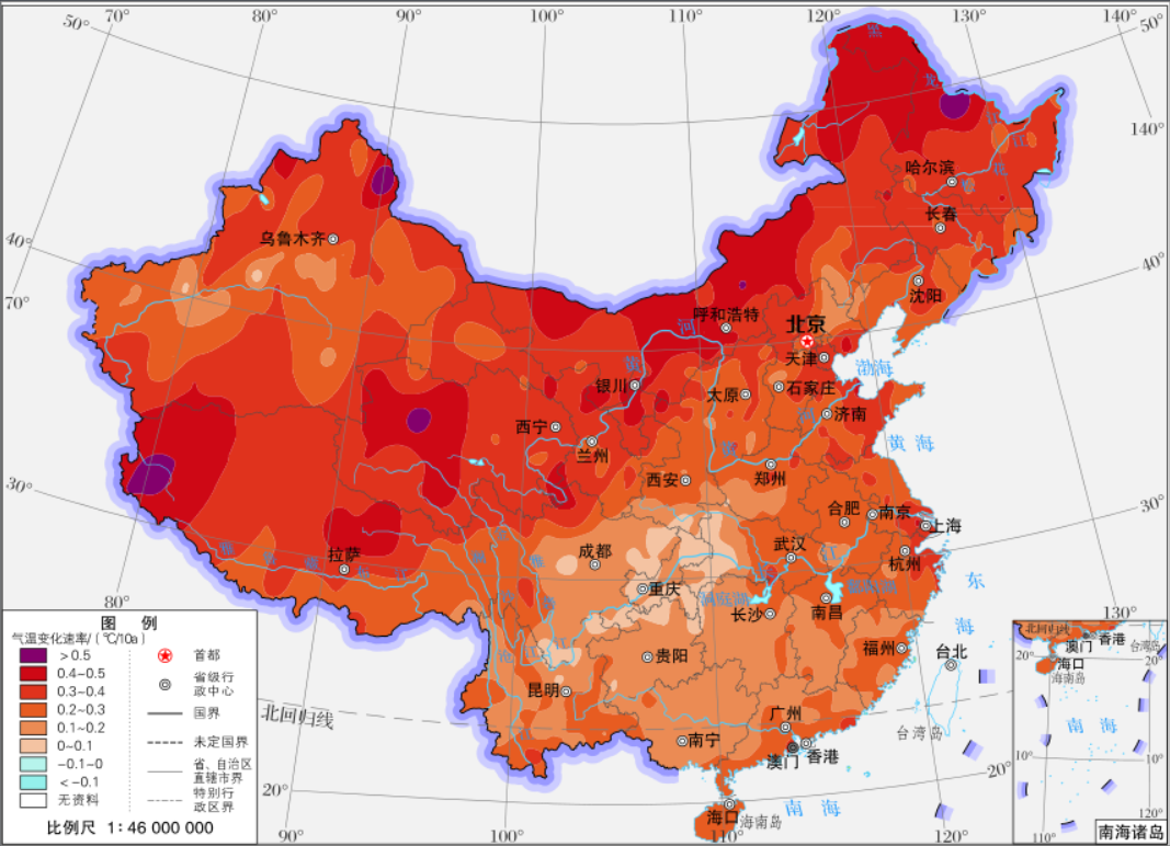 温差很大,越往北气温越低夏季南北普遍高温因为南北跨越纬度约50度,受