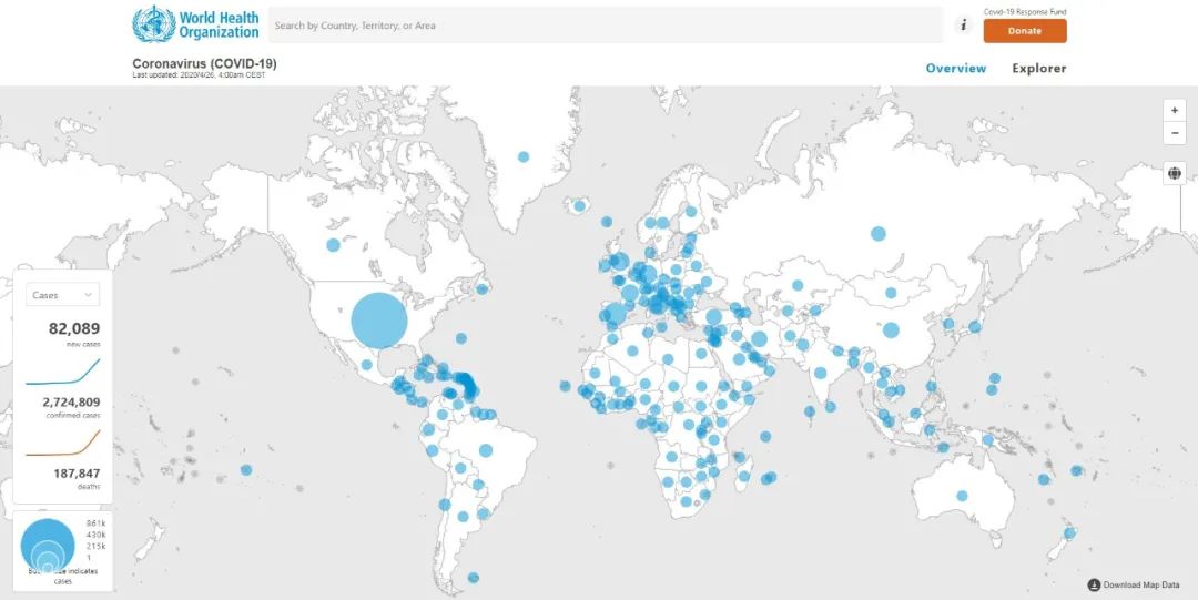 截至2020年4月26日4:00（CEST），新冠肺炎疫情在世界范围内已致2,724,809人感染，82,089人死亡。（WHO官网截图）