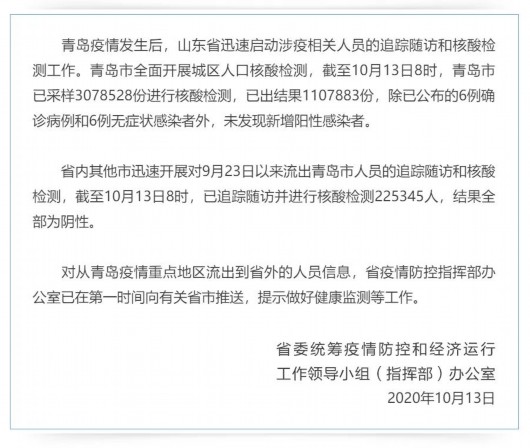 微信公众号“健康山东”|山东追踪青岛流出人员，已检测22.5万人均为阴性