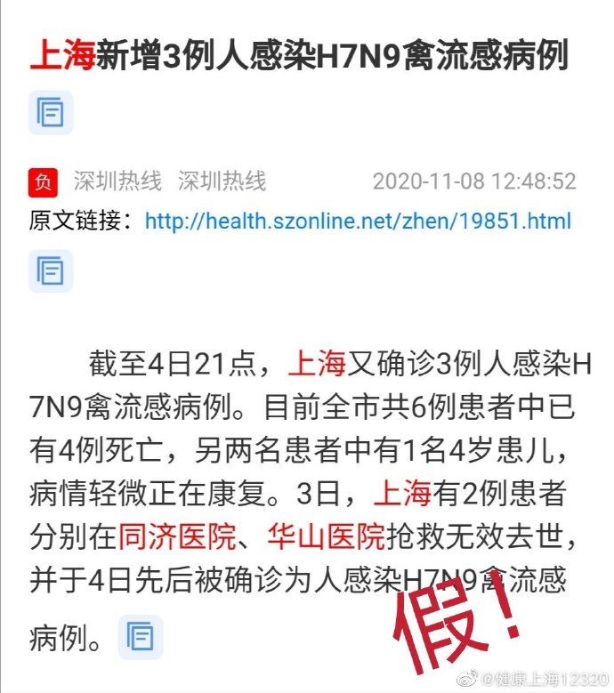 上海市卫生健康委员会官方微博|上海新增3例人感染H7N9禽流感病例？上海卫健委：假的！