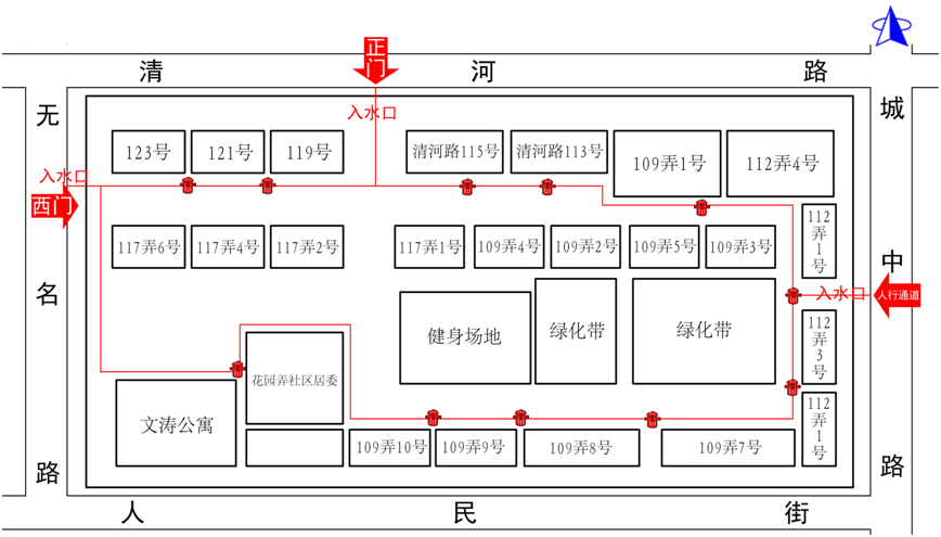图片说明:民园小区消防空管布设管道和点位图