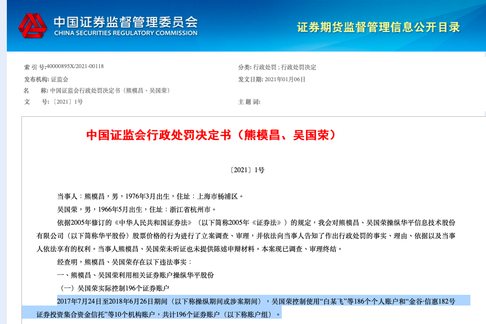 行政处罚决定书（资料来源：证监会）