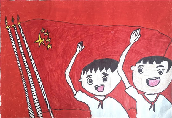 党旗飘校园红绘画图图片