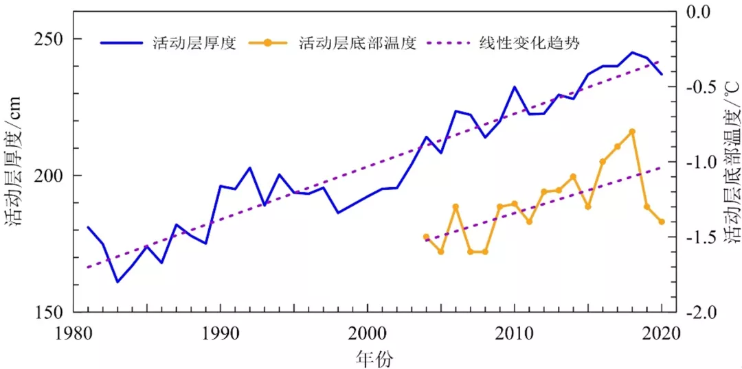 青藏公路沿线多年冻土区活动层厚度和活动层底部温度变化。