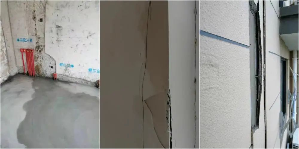 在未装修的毛坯房内，渗漏水导致墙面内外空鼓开裂。