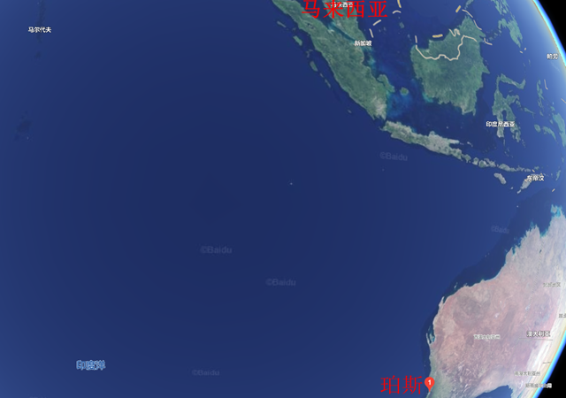 最新的这项研究认为,MH370坠毁在珀斯以西2000公里的印度洋。(模拟图来源:百度地图)