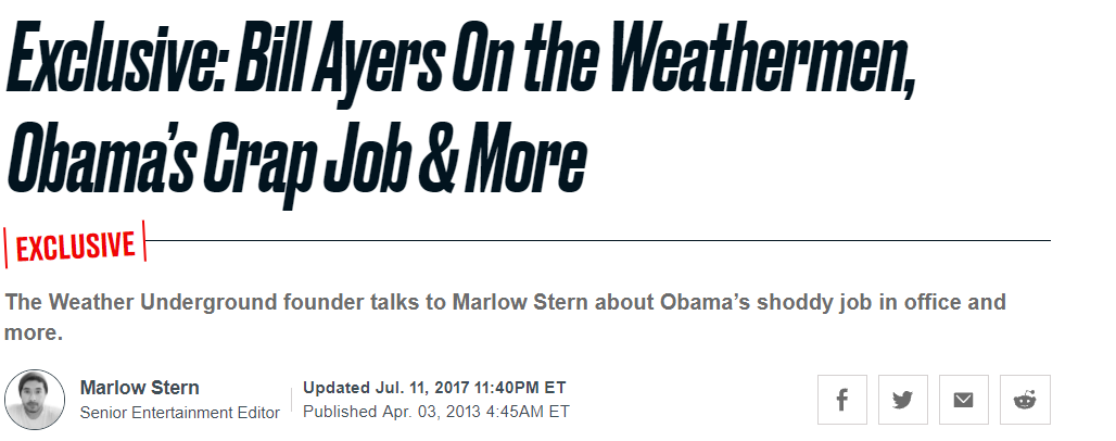 《野兽日报》报道标题：“独家：比尔·艾尔斯论地下气象员、奥巴马的垃圾工作以及其他”