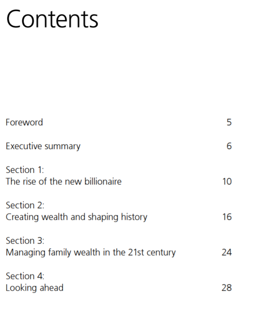 2018年“亿万富豪报告”目录。“前言；执行总结；第一部分：新型亿万富豪的崛起；第二部分：创造财富与塑造历史；第三部分：在21世纪管理家庭财富；第四部分：向前看”