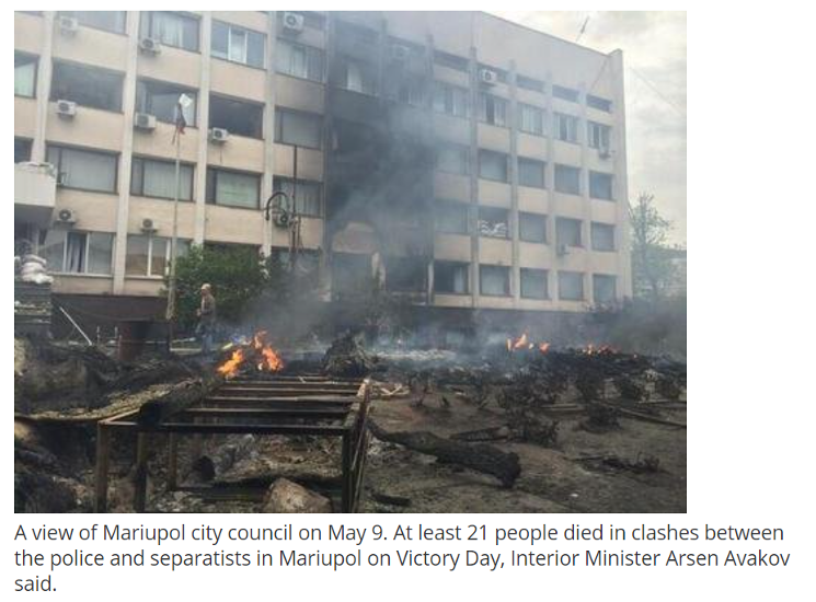 《基辅邮报》（Kyiv Post）5月9日报道：马里乌波尔市议会被烧毁后的场景，已成废墟。