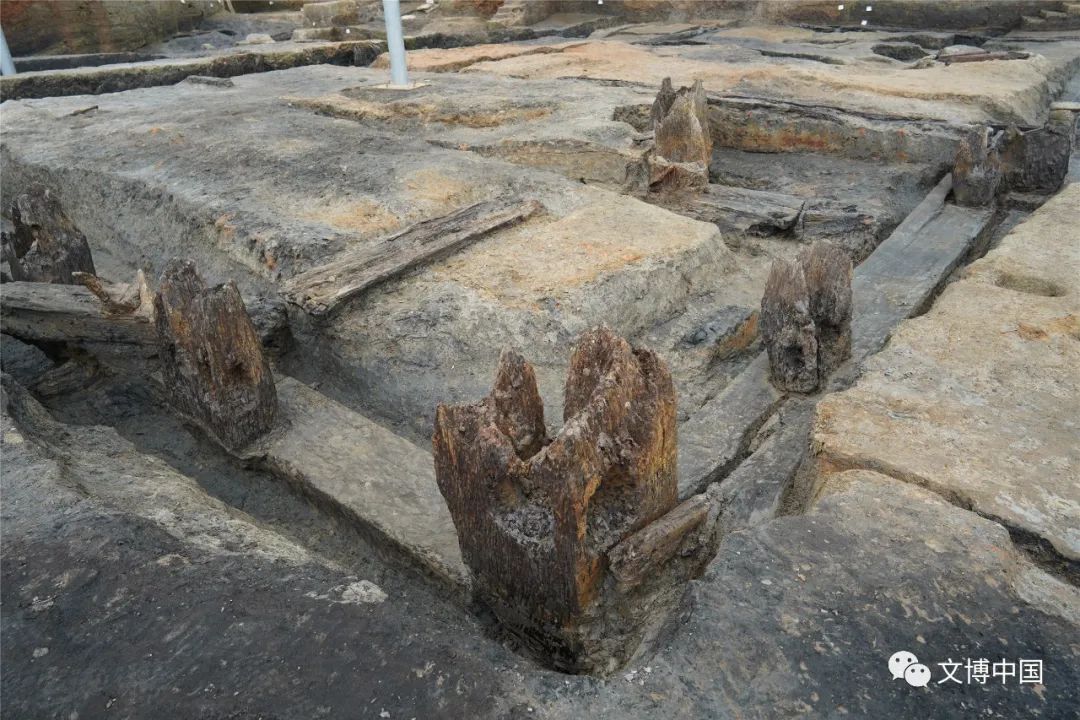 5.湖南澧县鸡叫城遗址半圆形木柱及木柱上的两侧斜穿孔