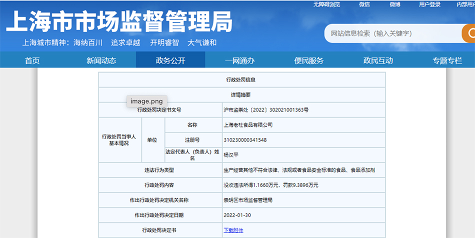 2022年1月，崇明区市场监督管理局对上海老杜食品有限公司作出行政处罚。