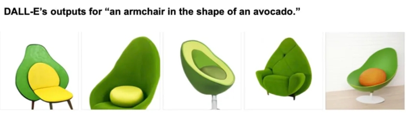 DALL.E（基于GPT-3开发的一种新型神经网络）根据语言描述生成的牛油果形状扶手椅