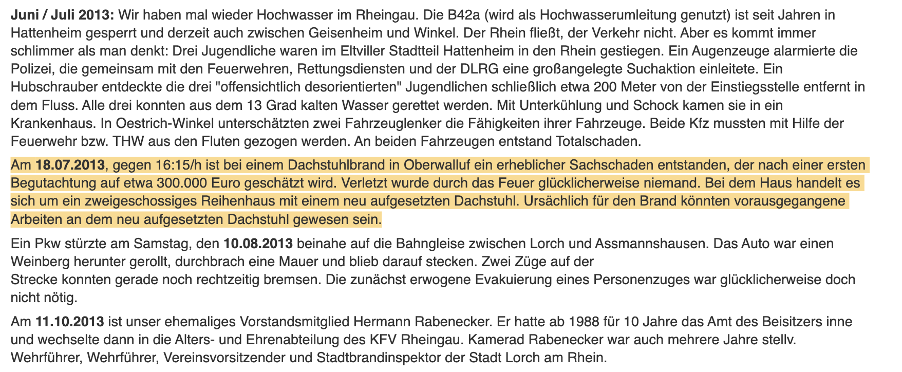 莱茵高地区消防队协会网站上的火灾记录。