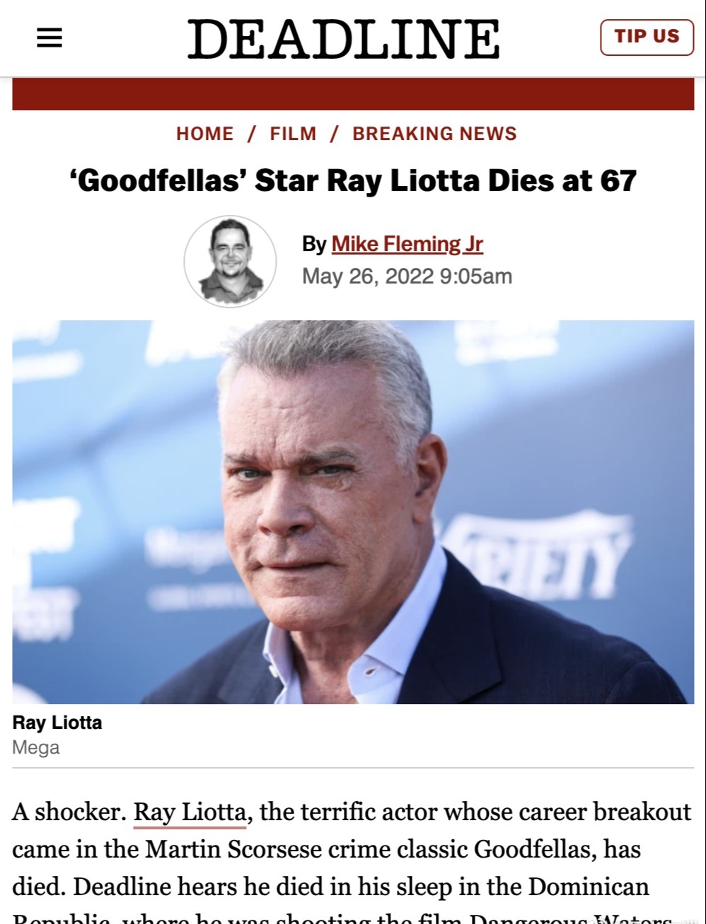 美国演员雷利奥塔意外去世近期正拍摄新片危险水域