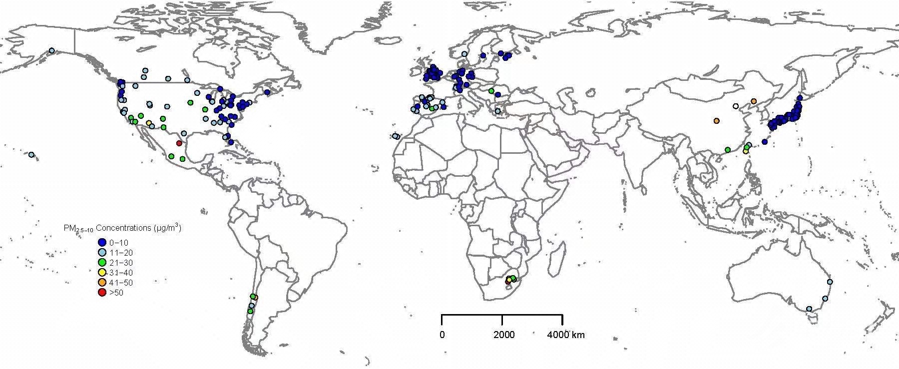 示意图:全球研究点位分布与粗颗粒物平均浓度