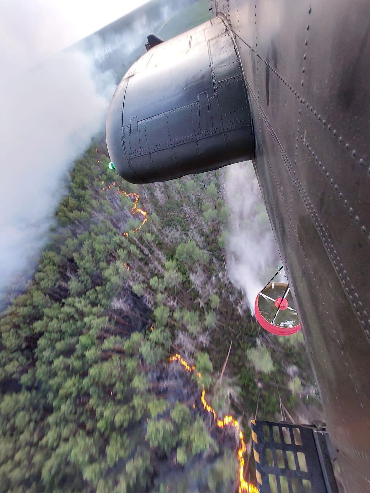 当地时间2022年6月19日，德国联邦国防军（Bundeswehr）提供照片显示，一架CH-53直升机在Treuenbrietzen附近灭火。