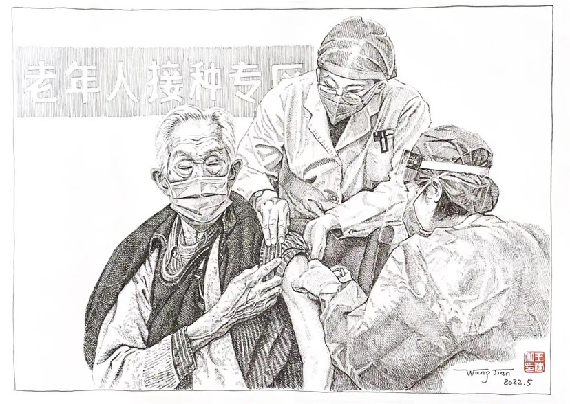 “口罩下的他们让人心疼” 青浦七旬老人用钢笔画致敬战“疫”英雄插图7