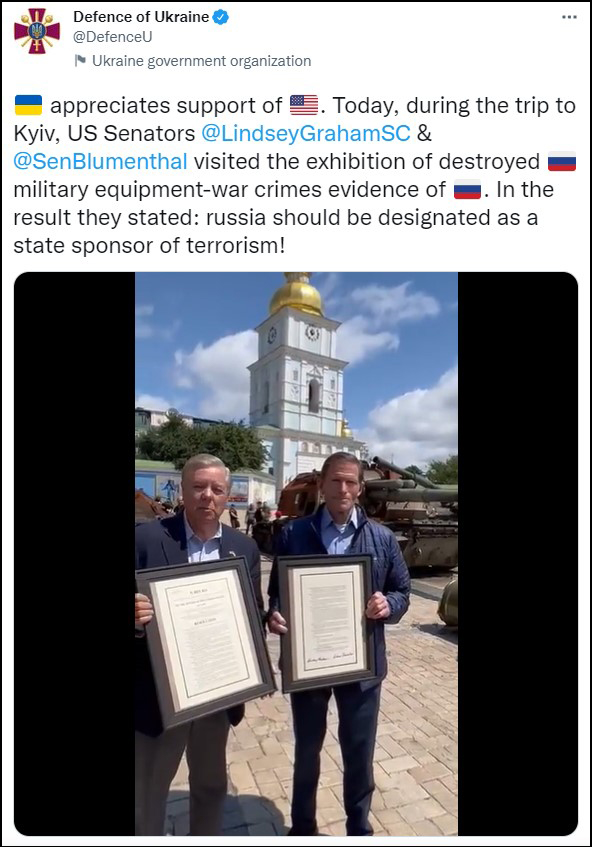 美国鹰派参议员会见泽连斯基，呼吁指定俄罗斯为“支持恐怖主义的国家”插图1