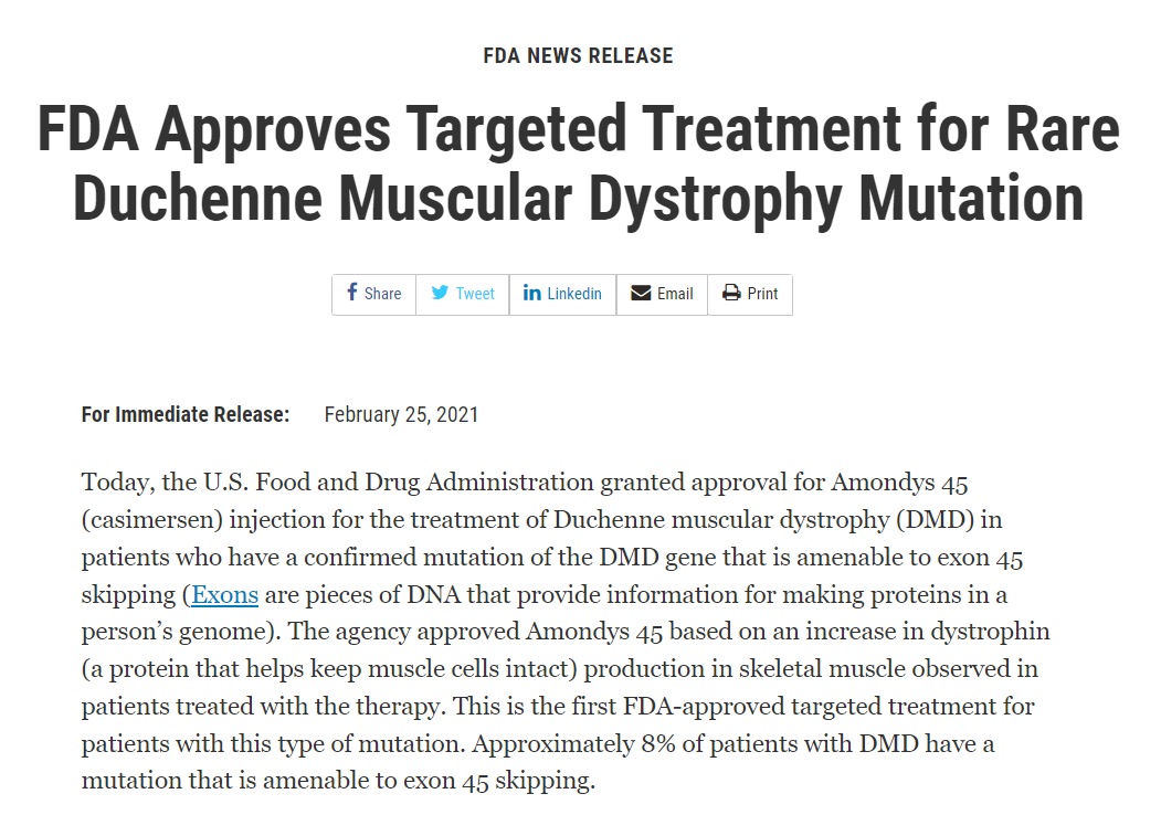 美国FDA已加速批准DMD 45外显子药物上市。