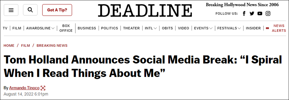 出于心理健康原因，“荷兰弟”汤姆·赫兰德宣布暂时离开社交媒体插图