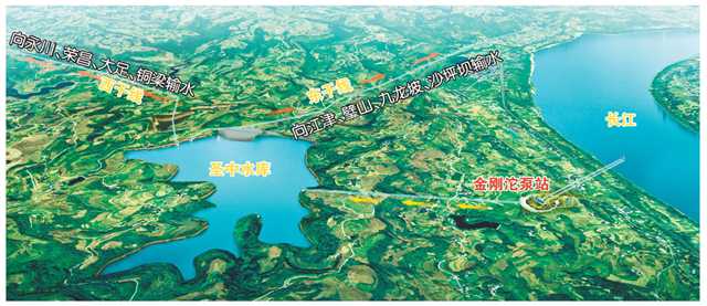 渝西水资源配置工程金刚沱泵站与圣中水库效果图。 重庆市水利局供图