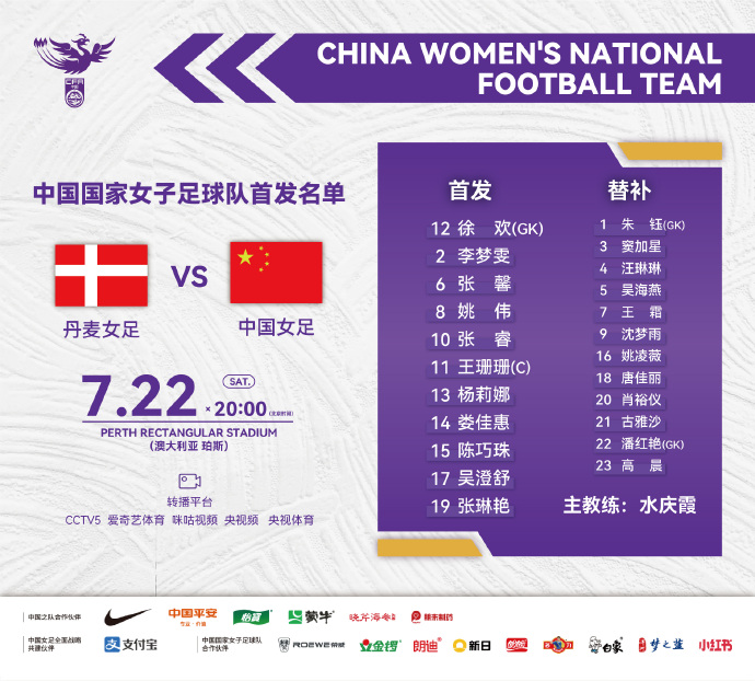 对阵丹麦女足，中国女足首发阵容发布：王珊珊领衔，王霜替补