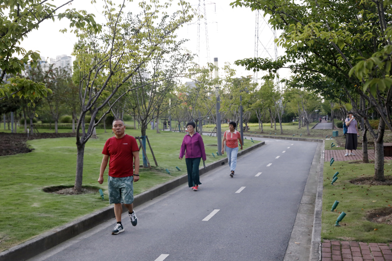 2023年9月1日傍晚，市民前往中环绿廊，或漫步游览，或跑步健身，感受久违的夏日清凉。