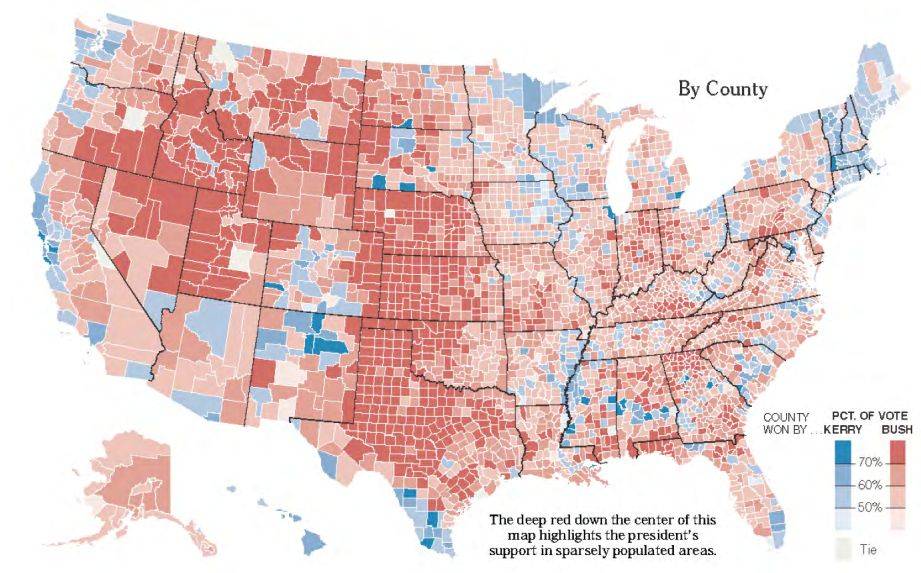 美国大选各地区投票比例（图片源自Matthew Ericson, NY Times） [5]
