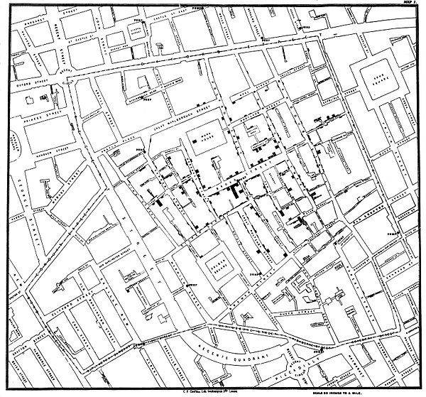 1854年斯诺在伦敦霍乱爆发时研究个案时用的地图（图片源自Wikipedia）[3]